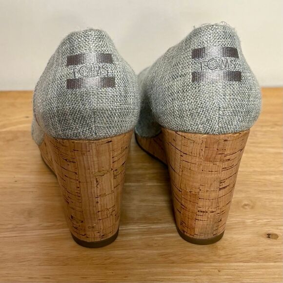 TOMS Cork Wedge Peep Toe Sandals, Boho Woven Silver Tweed Platform Heels Size 9 - Picture 4 of 10